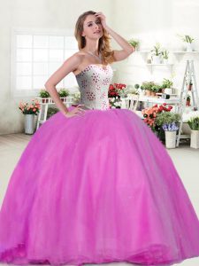 Glittering Lilac Ball Gowns Sweetheart Sleeveless Tulle Floor Length Lace Up Beading 15 Quinceanera Dress