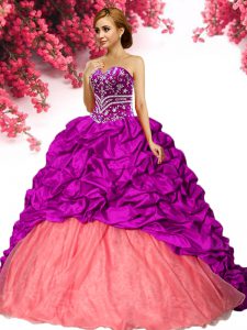Comfortable Fuchsia Taffeta Lace Up Sweetheart Sleeveless Ball Gown Prom Dress Brush Train Beading and Pick Ups