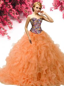 Floor Length Lace Up Quinceanera Gowns Orange for Military Ball and Sweet 16 and Quinceanera with Beading and Ruffles