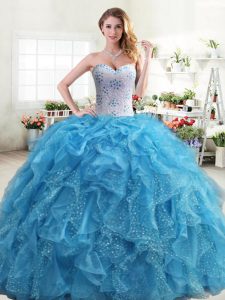 Luxurious Baby Blue Ball Gowns Sweetheart Sleeveless Organza Floor Length Lace Up Beading and Ruffles Sweet 16 Quinceane