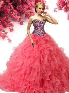 Romantic Sleeveless Brush Train Beading and Ruffles Lace Up Quinceanera Gown