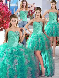 Romantic Four Piece White and Turquoise Sweetheart Neckline Beading Ball Gown Prom Dress Sleeveless Lace Up
