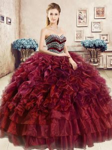 Cute Sweetheart Sleeveless Lace Up 15 Quinceanera Dress Wine Red Organza