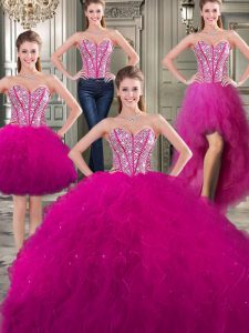 Three Piece Fuchsia Tulle Lace Up Sweet 16 Quinceanera Dress Sleeveless Floor Length Beading and Ruffles