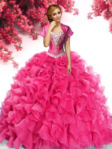 Sweetheart Sleeveless Sweet 16 Dress With Train Sweep Train Beading and Ruffles Hot Pink Organza