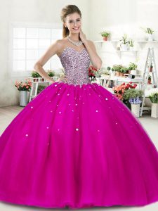 Edgy Floor Length Lace Up 15th Birthday Dress Fuchsia for Military Ball and Sweet 16 and Quinceanera with Beading
