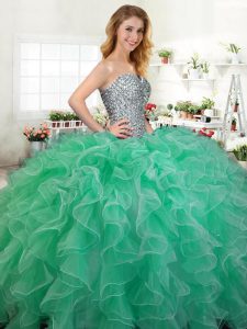 Sleeveless Organza Floor Length Lace Up Quince Ball Gowns in Green with Beading and Ruffles