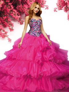 Ruffled Sweetheart Sleeveless Lace Up 15th Birthday Dress Fuchsia Organza