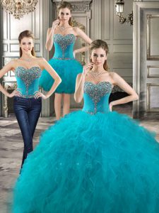 Admirable Three Piece Ruffles Sweet 16 Dresses Teal Lace Up Sleeveless Floor Length