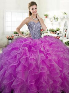 High Quality Floor Length Lace Up Quinceanera Gown Fuchsia for Military Ball and Sweet 16 and Quinceanera with Beading a