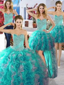 Four Piece Multi-color Organza Lace Up Sweetheart Sleeveless Floor Length 15 Quinceanera Dress Beading