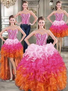 Fabulous Four Piece Multi-color Ball Gowns Sweetheart Sleeveless Organza Floor Length Lace Up Beading Quince Ball Gowns