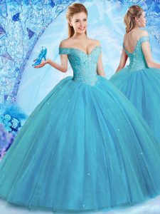 Most Popular Off the Shoulder With Train Ball Gowns Sleeveless Teal Quinceanera Dress Brush Train Lace Up