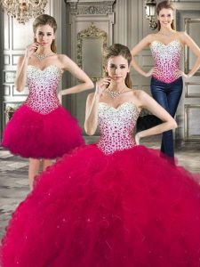Three Piece Hot Pink Sleeveless Tulle Lace Up 15th Birthday Dress for Military Ball and Sweet 16 and Quinceanera