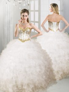 White Lace Up Sweetheart Ruffles Ball Gown Prom Dress Organza Sleeveless