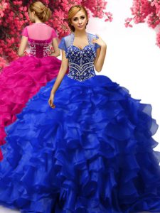 Royal Blue Ball Gowns Beading and Ruffles 15 Quinceanera Dress Lace Up Organza Sleeveless Floor Length
