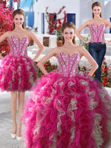 Smart Three Piece Sweetheart Sleeveless Sweet 16 Dress Floor Length Beading White and Hot Pink Organza