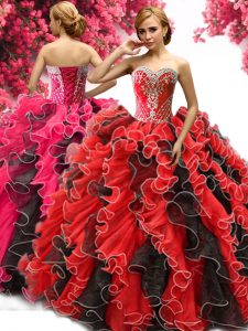 Glamorous Beading and Ruffles Quinceanera Gowns Red And Black Lace Up Sleeveless Floor Length