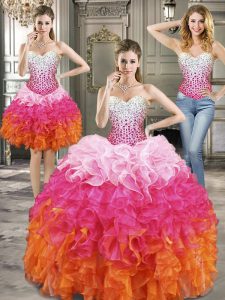 Beautiful Three Piece Multi-color Sleeveless Floor Length Beading Lace Up Quince Ball Gowns