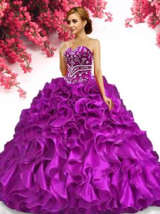 Colorful Sleeveless Organza Floor Length Lace Up Quinceanera Dress in Fuchsia with Beading and Ruffles