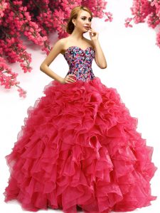 Red Ball Gowns Beading and Ruffles Quinceanera Dress Lace Up Organza Sleeveless Floor Length