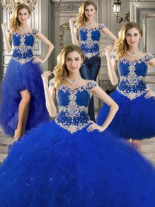 Latest Three Piece Ball Gowns Quinceanera Gown Royal Blue Off The Shoulder Tulle Sleeveless Floor Length Zipper