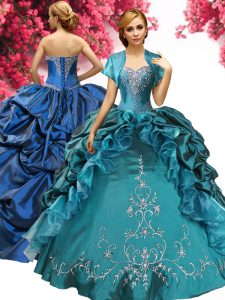 Perfect Teal Ball Gowns Beading and Embroidery and Pick Ups Quince Ball Gowns Lace Up Taffeta Sleeveless Floor Length