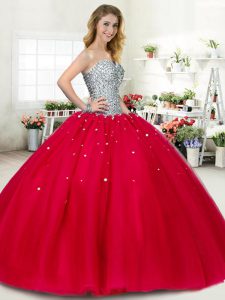 Sumptuous Red Ball Gowns Sweetheart Sleeveless Tulle Floor Length Lace Up Beading Quince Ball Gowns