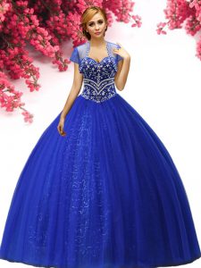 Royal Blue Ball Gowns Beading Quinceanera Dresses Lace Up Tulle Sleeveless Floor Length