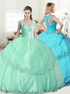 Tulle Straps Sleeveless Lace Up Beading and Lace and Appliques Vestidos de Quinceanera in Apple Green
