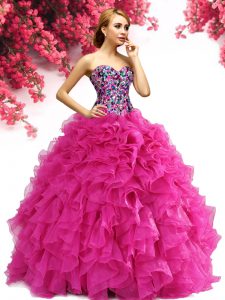 Affordable Hot Pink Sleeveless Floor Length Beading and Ruffles Lace Up Sweet 16 Dress