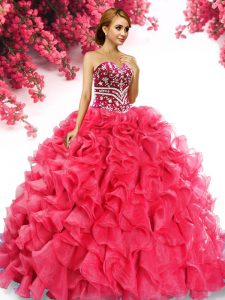 Gorgeous Red Ball Gowns Beading and Ruffles Quinceanera Dresses Lace Up Organza Sleeveless Floor Length