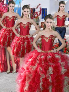 On Sale Four Piece Red Sweetheart Lace Up Beading Quinceanera Gowns Sleeveless
