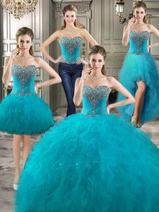 Four Piece Floor Length Teal Quinceanera Gowns Tulle Sleeveless Beading and Ruffles