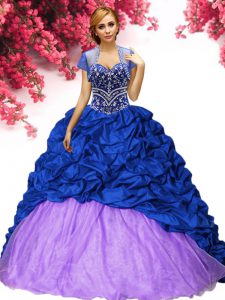Sumptuous Taffeta Sweetheart Sleeveless Brush Train Lace Up Beading and Pick Ups 15th Birthday Dress in Royal Blue