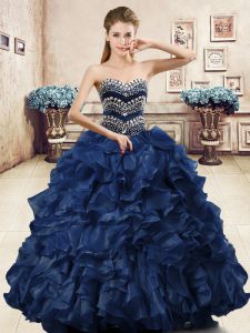 Beading and Ruffles Ball Gown Prom Dress Navy Blue Lace Up Sleeveless Floor Length