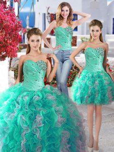 Three Piece White and Turquoise Organza Lace Up Quinceanera Gowns Sleeveless Beading