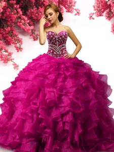 Sweetheart Sleeveless Lace Up Sweet 16 Dresses Fuchsia Organza