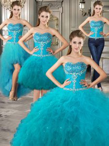 Four Piece Beading and Ruffles Sweet 16 Dresses Teal Lace Up Sleeveless Floor Length