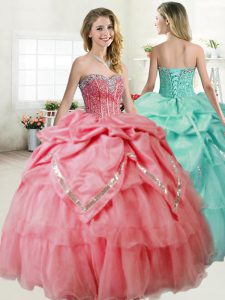 Watermelon Red Lace Up Sweetheart Beading Quinceanera Dress Organza and Taffeta Sleeveless