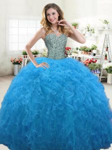 Baby Blue Tulle Lace Up Sweetheart Sleeveless Floor Length Sweet 16 Dress Beading and Ruffles