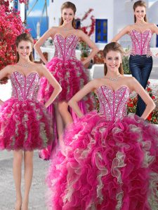 Four Piece White and Hot Pink Organza Lace Up Sweetheart Sleeveless Floor Length Sweet 16 Dress Beading