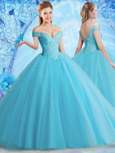 Glamorous Off the Shoulder Sleeveless Tulle Floor Length Lace Up Vestidos de Quinceanera in Aqua Blue with Beading and L