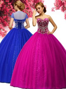 Custom Fit Tulle Sweetheart Sleeveless Lace Up Beading Quince Ball Gowns in Fuchsia