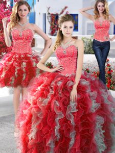 Three Piece White and Red Sleeveless Floor Length Beading Lace Up Sweet 16 Dresses