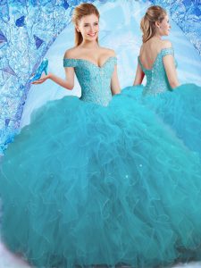 Great Off the Shoulder Beading and Ruffles Quinceanera Dresses Teal Lace Up Sleeveless Floor Length