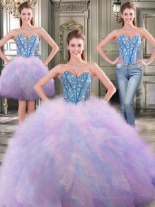 Dramatic Three Piece Beading and Ruffles Sweet 16 Dress Multi-color Lace Up Sleeveless Floor Length