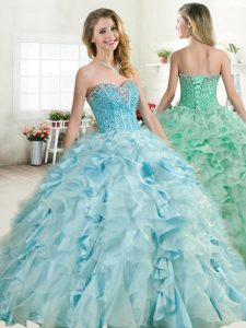 Floor Length Lace Up Ball Gown Prom Dress Baby Blue for Military Ball and Sweet 16 and Quinceanera with Beading and Ruff
