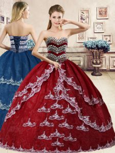 Wine Red Sleeveless Floor Length Beading and Appliques Lace Up Ball Gown Prom Dress