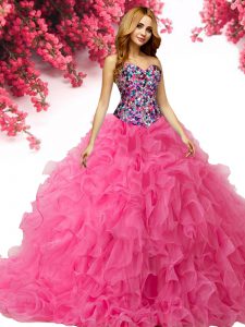 Hot Pink Ball Gowns Sweetheart Sleeveless Organza Floor Length Lace Up Beading and Ruffles Vestidos de Quinceanera